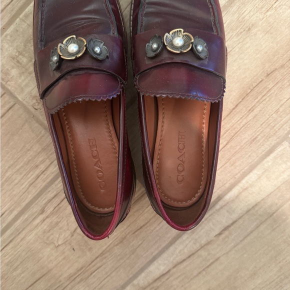 Coach Women’s Burgundy Leather Penny Loafers with Floral Hardware - Picture 2 of 5